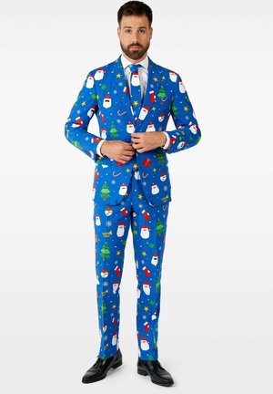Bright blue suit featuring festive patterns of Santa Claus, Christmas trees, stars, and ornaments. Structured design with a matching tie and black shoes.