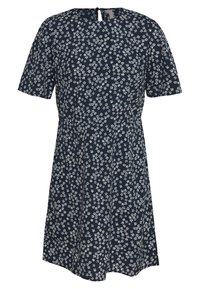 Námořnické šaty s bílým květinovým potiskem, krátkými rukávy, kulatým výstřihem a detailem se slzičkovým výstřihem na zádech. Tkanina vypadá měkká a hladká.