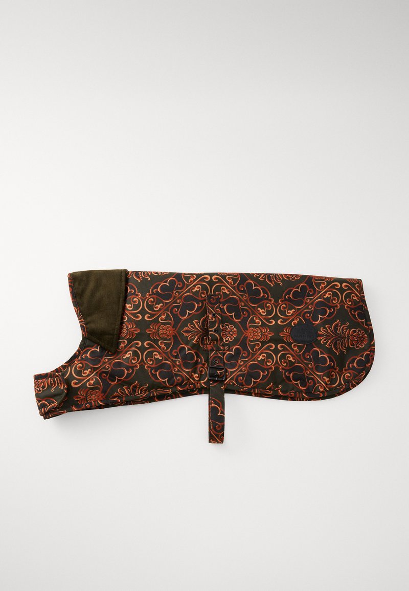 Dog coat featuring a brown fabric with an orange floral pattern, dark green accents, and a front buckle closure. Textured and durable.