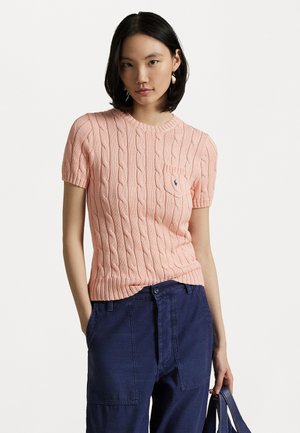 Cable Knit Cotton Short Sleeve Sweater - T-shirts - pale pink