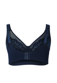 Navy blue bra with adjustable straps, lace and mesh upper cups, and a front triple-hook closure.