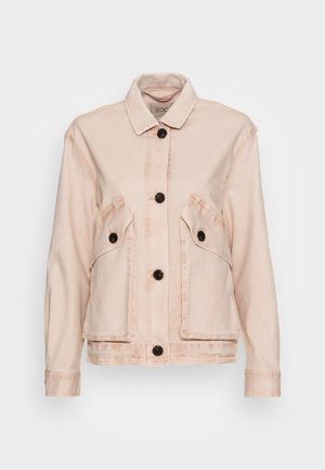 Light pink denim jacket with a collared neckline, five black buttons, and two large pockets featuring angled flaps on the front.