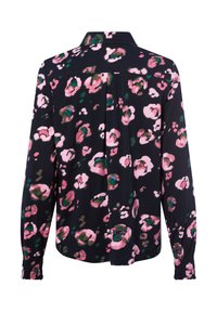 Black blouse featuring a pink floral pattern with green accents, button-down collar, and fitted cuffs, made from a smooth fabric.