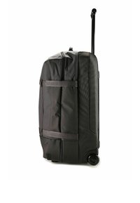 Borsa da viaggio nera con ruote, realizzata in tessuto resistente, dotata di un compartimento con zip, cinghie laterali e ruote scorrevoli per una facile mobilità.