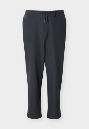 Mørkeblå, herrebukser med lige ben, bæltestropper og snøre foran, vist på en hvid baggrund.