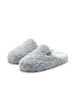 Gray, fluffy slippers with a textured fabric, open back, and a small logo tag on the side; soft, plush material for comfort.