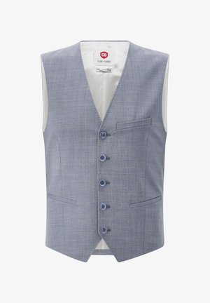 Hellblaues Weste mit einem strukturierten Muster. Sie hat einen Reverskragen, fünf Knöpfe und eine Brusttasche. Das Material hat eine glatte Oberfläche.