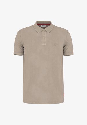 Beige kurzärmliges Polohemd mit Kragen und zweiknöpfiger Knopfleiste, versehen mit dezentem "JOOP!"-Logo auf der linken Brust.