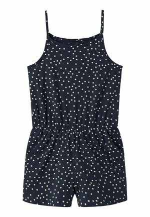 Granatowy kombinezon bez rękawów w białe kropki, z elastyczną talią i bocznymi kieszeniami.