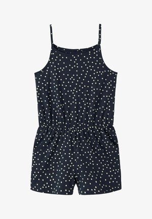 Marineblå ærmeløs heldragt med hvide polkaprikker, elastisk talje og sidelommer.