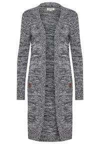 Lång stickad cardigan i ett svart och vitt melerat mönster. Öppen frontdesign, långa ärmar och knappar vid fållen för detalj. Mjuk textur.