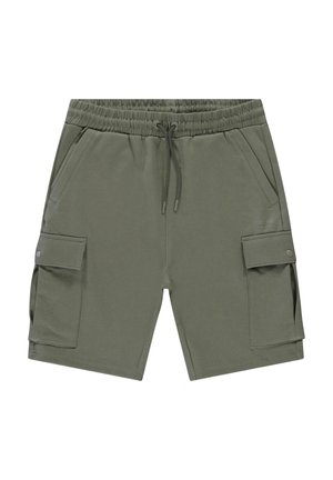 Olijfgroene cargoshorts met elastische taille, trekkoord, voorzakken en zijkanten met klep en knoop.