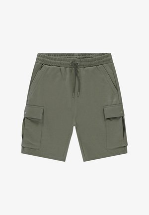 Olijfgroene cargoshorts met elastische taille, trekkoord, voorzakken en zijkanten met klep en knoop.