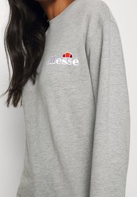 Femme portant un sweat-shirt gris clair avec le logo ellesse blanc et rouge sur la poitrine, de longs cheveux bruns visibles sur l'épaule.