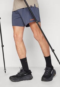 Patagonia gray shorts with orange logo, paired with black Hoka sneakers and dark socks. Accessories include black trekking poles.