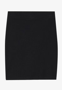 Jupe mini noire côtelée avec un design ajusté, dotée d'une taille lisse et d'une coupe droite au bas.