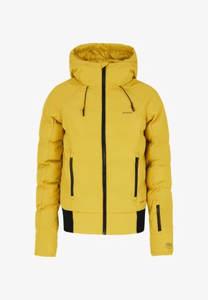 Geel pufferjack met capuchon, voorzien van zwarte ritsen en accenten. Het materiaal is glad, met een gewatteerde textuur en een cropped ontwerp.