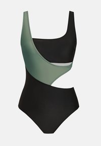 Één stuk badpak in zwart en lichtgroen. Heeft een gestroomlijnd ontwerp met een asymmetrische snit en een gladde, rekbare textuur.