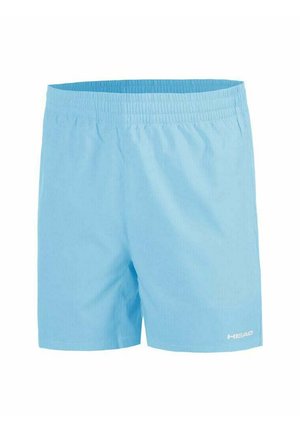 Helle blaue Sportschorts aus leichtem Material, mit einem elastischen Bund und seitlichen Taschen, versehen mit einem kleinen weißen Logo auf der Vorderseite.