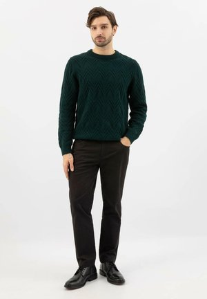 Homme portant un pull texturé vert foncé, un pantalon noir et des chaussures habillées noires, se tenant avec une main dans la poche sur un fond blanc.