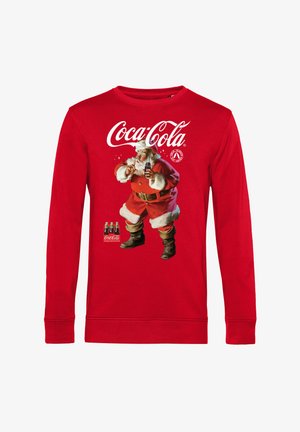 Roter langärmliger Pullover mit einem Motiv von Santa Claus, der eine Coca-Cola-Flasche hält, und weißen Akzenten an den Bündchen und dem Kragen.