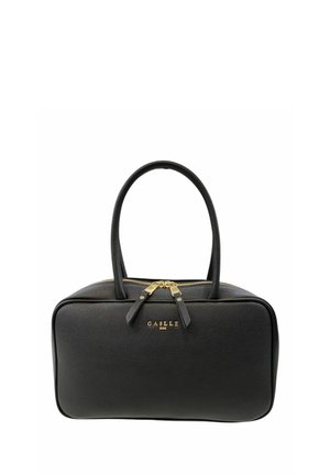 Borsa rettangolare nera in pelle con due manici, cerniera dorata e logo "GAELLE PARIS" in lettere dorate sulla parte anteriore.