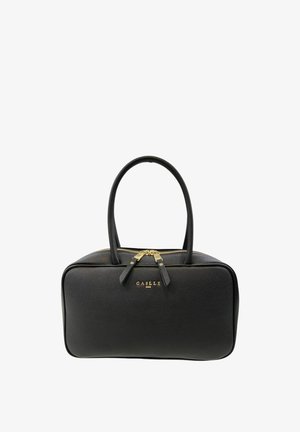 Borsa rettangolare nera in pelle con due manici, cerniera dorata e logo "GAELLE PARIS" in lettere dorate sulla parte anteriore.