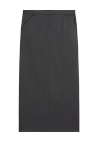 Dark gray straight midi skirt with side pockets and a fitted waistband, suitable for formal or office wear.