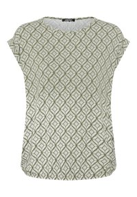 Kurzärmliges Oberteil aus leichtem Stoff mit einem Muster aus ineinander geschlungenen Formen in Olivgrün und Weiß, mit Rundhalsausschnitt.
