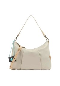 Borsa in tessuto beige con una forma morbida e strutturata, manici in pelle e un piccolo etichetta nera con un accento blu. Presenta un design minimalista.