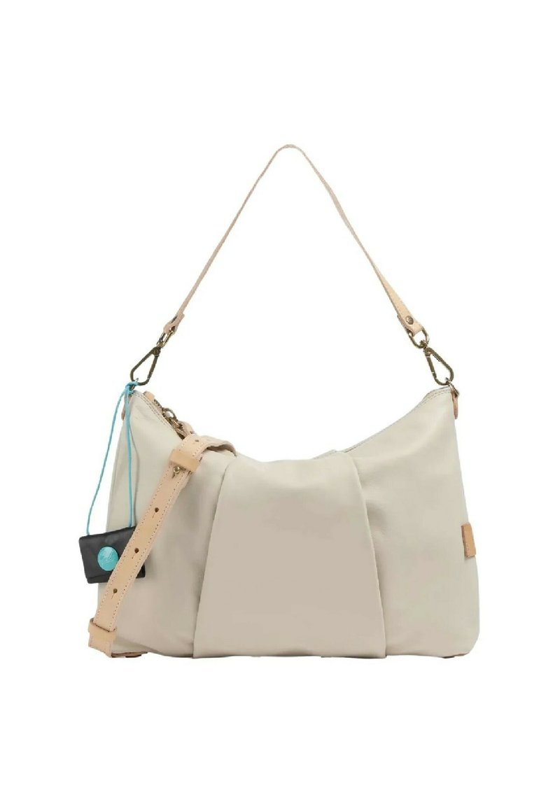 Borsa in tessuto beige con una forma morbida e strutturata, manici in pelle e un piccolo etichetta nera con un accento blu. Presenta un design minimalista.