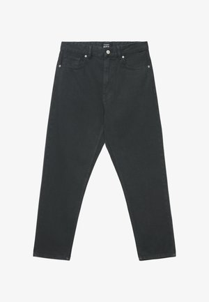 Pantaloni in denim nero con design a gamba dritta, cinque tasche e accessori in metallo. Il tessuto ha una texture liscia con una minima sbiaditura.