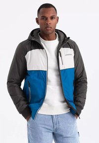 Giacca con cappuccio a blocchi di colore che presenta sezioni grigie, bianche e blu. Texture liscia, zip completa, tasche laterali e maniche grigie a contrasto.