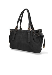 Zwart suède handtas met dubbele handvatten aan de bovenkant, verstelbare trekkoordsluiting, goudkleurige hardware en een gladde, gestructureerde afwerking.