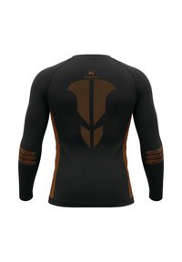 Langärmliges Sportshirt in Schwarz mit braunen Akzenten. Verfügt über ein gepunktetes Muster auf der Rückseite und Streifen an den Ärmeln. Glatte Textur.