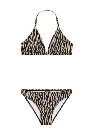 Tweedelig bikini met beige en zwarte zebrastripes, voorzien van een halternek driehoekstop en bijpassende low-rise broekjes.