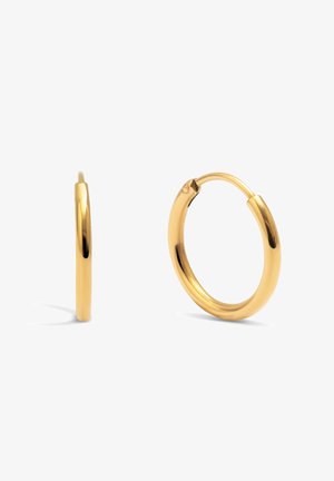 Boucles d'oreilles en or avec une finition lisse et polie. Forme circulaire avec une fermeture à charnière, présentant une légère courbure et sans embellissements.