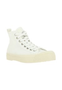 Baskets montantes blanches en toile, bout rond, œillets en métal et semelle en caoutchouc. Comprend des lacets ton sur ton et une languette au talon pour un enfilage facile.