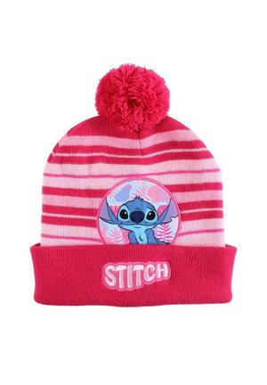 Bonnet tricoté à rayures roses avec un pompon, présentant un patch circulaire du personnage de dessin animé Stitch et "STITCH" brodé sur le revers.