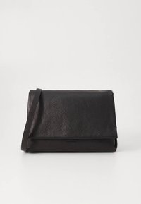 Black leather shoulder bag with a smooth, textured surface, a flap closure, and a thin strap. Compact rectangular shape, minimalistic design.