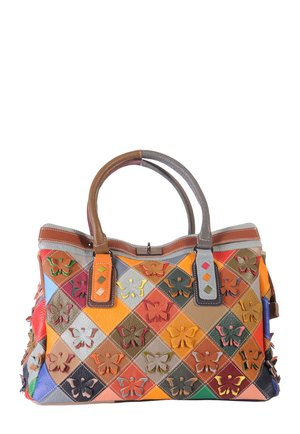 Colorful leather handbag with quilted diamond pattern and butterfly appliques, featuring two-tone brown handles.