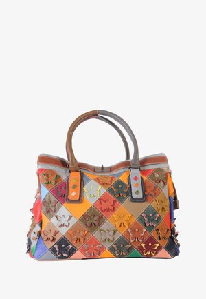 Colorful leather handbag with quilted diamond pattern and butterfly appliques, featuring two-tone brown handles.