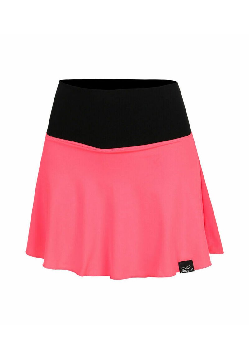 Falda deportiva rosa con una cintura elástica negra, con un diseño acampanado y una textura suave, terminada con una etiqueta de logo en el dobladillo.