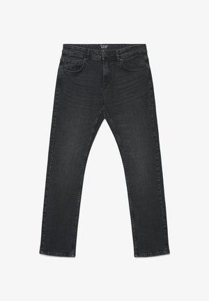 Czarne jeansy z denimu o prostym kroju, z pięcioma kieszeniami i delikatnym wyblaknięciem. Posiadają szlufki na pasek oraz zapięcie na guzik w pasie.