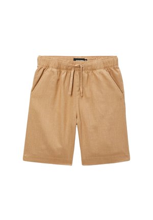 Shorts en coton beige décontractés avec taille élastique, cordon de serrage et poches latérales, conçus pour le confort et une coupe décontractée.