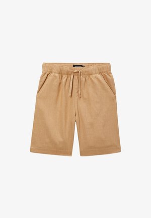 Shorts en coton beige décontractés avec taille élastique, cordon de serrage et poches latérales, conçus pour le confort et une coupe décontractée.