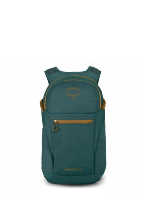Zaino Teal Osprey Daylite Plus con cerniere marroni, tasca frontale e spallacci imbottiti, mostrato frontalmente su sfondo bianco.
