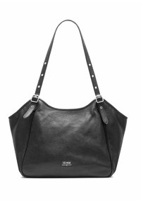 Czarna skórzana torebka o teksturowanej powierzchni, zakrzywionym kształcie i dwóch regulowanych paskach z srebrnym okuciem oraz otworami do regulacji długości.