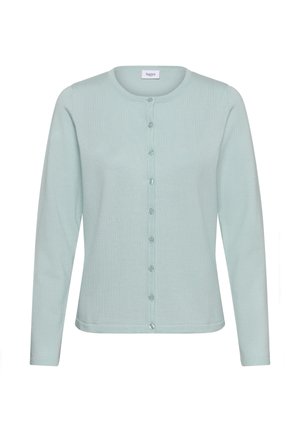 Világoskék, hosszú ujjú kardigán texturált kötött anyagból, kerek nyakkivágással és elöl, a színben illeszkedő gombokkal záródik.