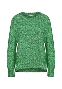 Grüner Strickpullover mit Rundhalsausschnitt, langen Ärmeln und gerippten Bündchen. Verfügt über ein strukturiertes Muster und ein lockeres Design.